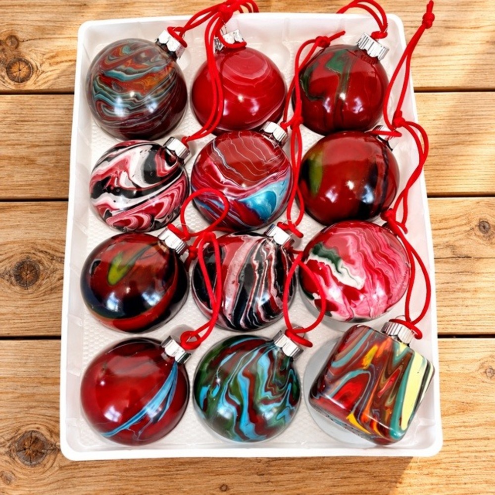 Handcrafted Glass Christmas Ornaments Set of 12 Marbled Paint Pour Red Blue